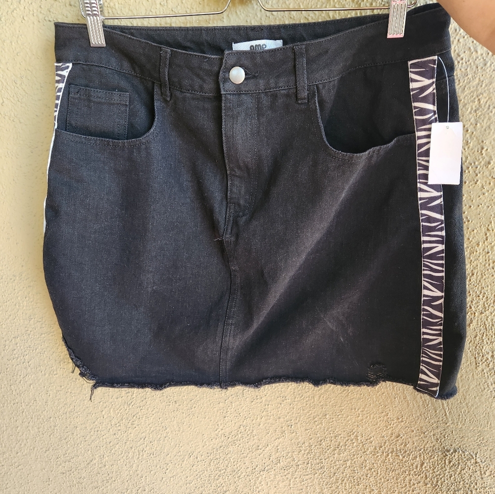 Black Denim Mini Skirt with Patterned Trim